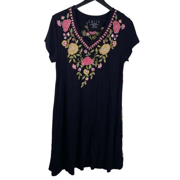 Caite Dresses & Skirts - Caite Dress Women's Black Sz M Embroidered Floral Short Sleeves Boho Bloomcore